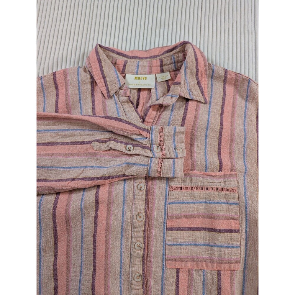 Maeve Anthropologie Lida Top Womens XS Pink Stripe Linen Blend Boho Shirt - Picture 1 of 10